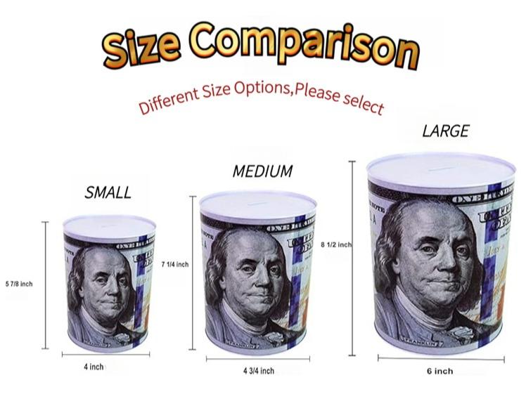 $100 Dollar Bill Piggy Bank Tall Coin Saving Money Currency Benjamin Franklin Tin Can Banknote Jar for Kids and Adults Unopenable Metal Design