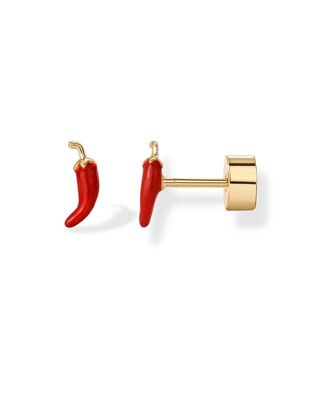 PAVOI 14K Gold Plated Sterling Silver Posts Enamel Flatback Stud Earrings for Women - Colored Chili Pepper Strawberry Cherry Peach Yin and Yang Emoji Screwback Earrings - Dainty Helix Cartilage Piercing Jewelry