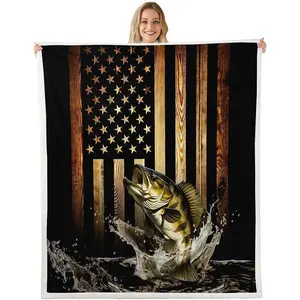 Vintage American Flag Throw Blanket,Men 3D Bass Fish Blankets,Fishing Hunting Fleece Blanket for Kids Boys Adult Room Decor,Rustic Style Black Brown Wooden Stripes Sherpa Blanket,