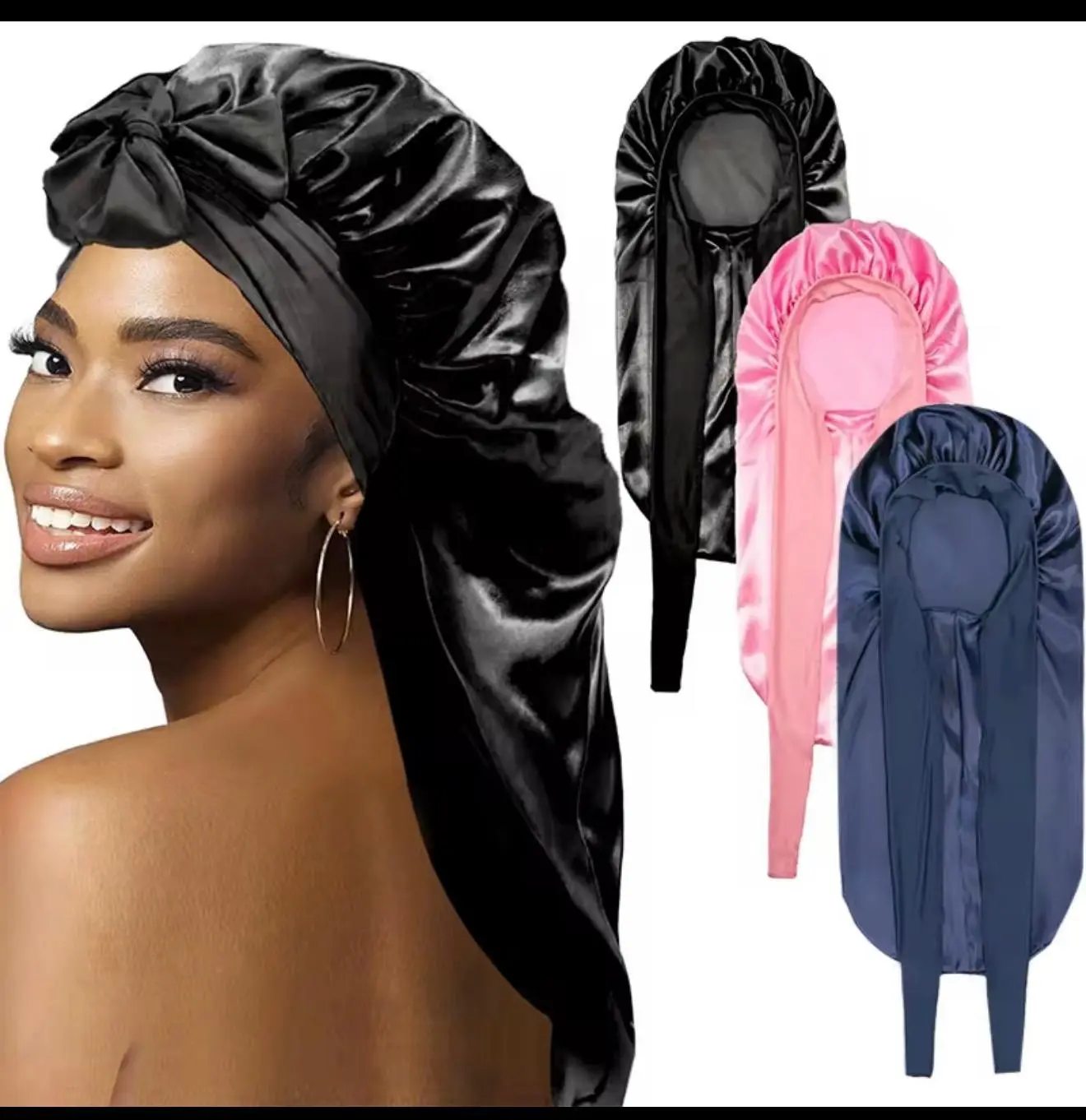 Extended Satin Bonnet, Headwrap for Braids And Locs,  3 pack Dusty Rose Collapsible Satin Cover with Adjustable Tie, Super-Smooth Edge Guard