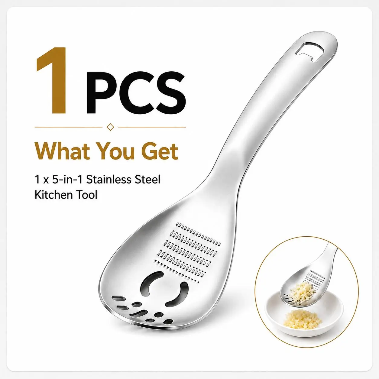 Food-Grade Stainless Steel 3-in-1 Grinding Spoon - Multi-Purpose Garlic Ginger Puree Maker, Slotted Strainer, Food Masher - FoodTok Time-Saving Home Kitchen Gadget, No-Mess Party Gift for Meal Prep