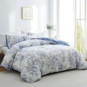 Floral Duvet Cover 3 Pieces, Flower Duvet Cover with 2 Pillow Shams, Soft Floral Bedding Set White and Blue for All Season, Breathable, Zipper Closure, Bedroom Bedding Set, Decorative Duvet Cover