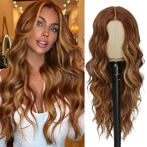 Long Synthetic Strawberry Blonde Wavy Wig for Women 30 Inch Move Part Curly Wavy Wig Natural Looking Synthetic Heat Resistant Fiber for Daily Party Use