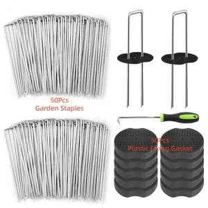 100pcs 6 Inch Hot-Dip Galvanized Landscape Staples, 11 Gauge Tent Stakes with Gaskets, Garden Stakes for Weed Barrier, Yard Decoration & Garden Supplies