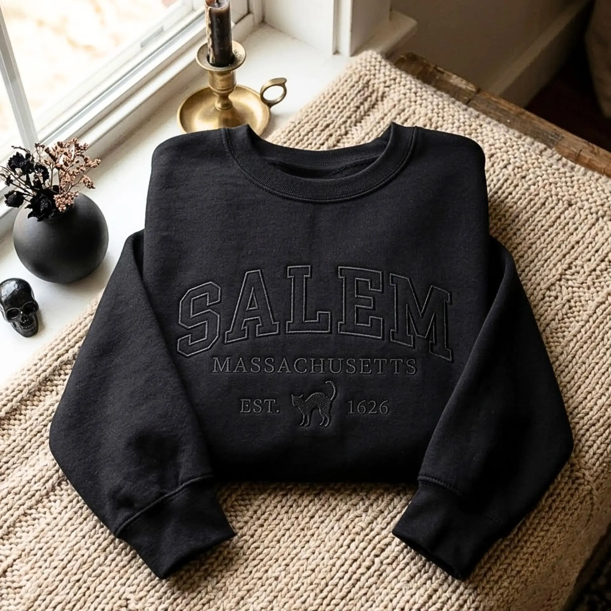 [Tone on Tone] Salem Massachusetts Embroidered Sweatshirt, Black Cat Design, Gothic Halloween Sweatshirt