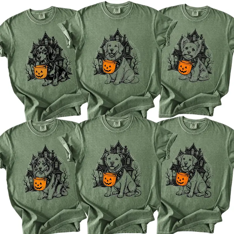 Comfort Colors 50+ Dog Breeds Halloween Shirt, Funny Pumpkin Candy Bucket Dog Tee, Trick or Treat Dog Lover Shirt, Cute Dog Costume Graphic Tee, Unisex Pet Lover Halloween Shirt, Moss Color - AL