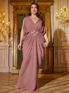 Elegant V-Neck Asymmetrical Sleeve Dress, Ruched Front Back Design, Sequined Patchwork, Pure Color Chiffon Party Gown