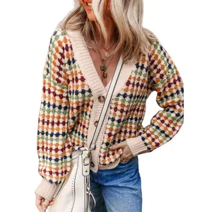 Asvivid Women's Multicolour Dotty Pattern Knit Button Front Casual Long Sleeve V Neck Spring Fall Sweater Cardigan Knitwear Tops