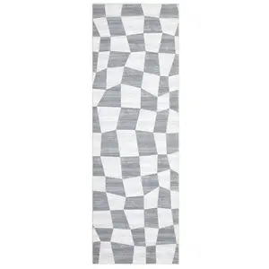 2 x 6 ft Polyester Grey Rectangular Hallway Entryway Bathroom Kitchen Geometric Checkered Modern Machine Washable Runner Rug-B