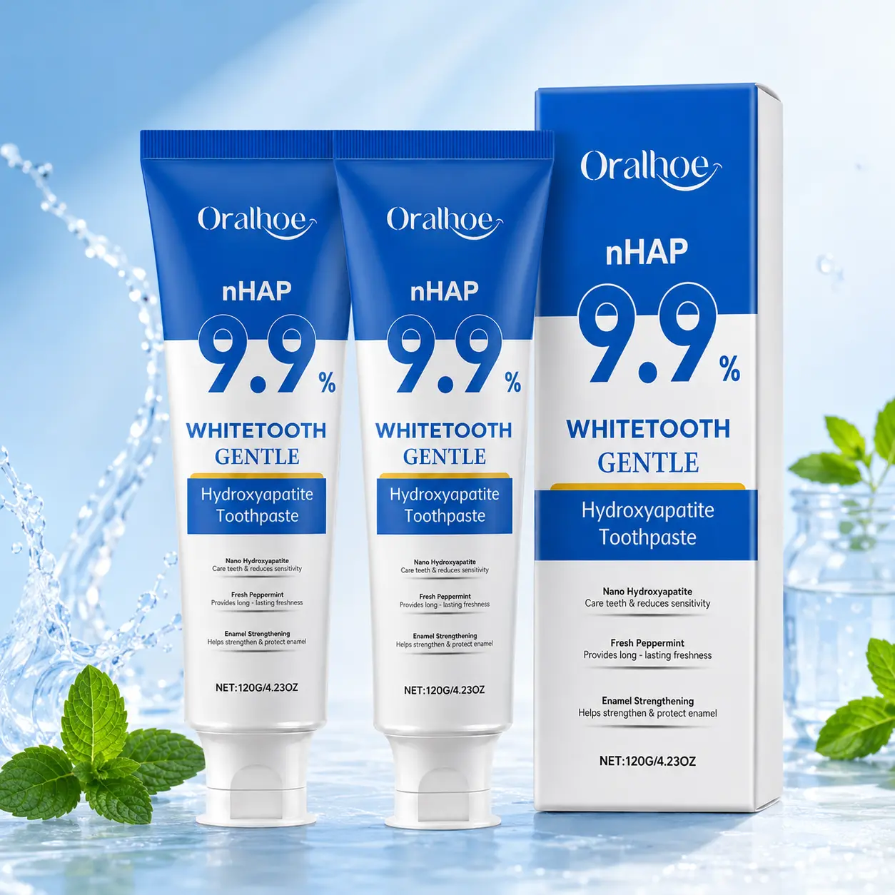 Hydroxyapatite Toothpaste Gel with 9.9% nHAP for Enamel Care and Fresh Breath, Peppermint Flavor Oral Care, 120g