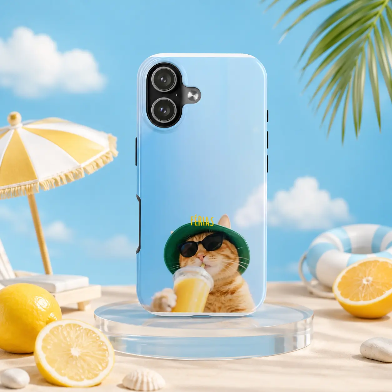 Vacation Cat Phone Case – Funny Férias Orange Cat Design, Summer Drink & Sunglasses Protective Case for iPhone