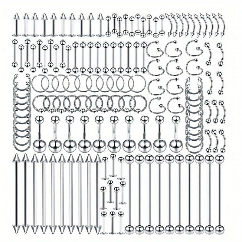 150PCS Stainless Steel piercing jewelry includes almost everything you need for nose , ear , navel , eyebrow , tongue , septum, cartilage, helix, daith , lip Piercing .
