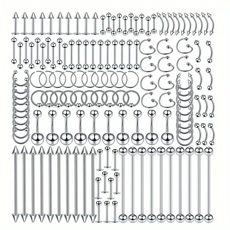 150PCS Stainless Steel piercing jewelry includes almost everything you need for nose , ear , navel , eyebrow , tongue , septum, cartilage, helix, daith , lip Piercing .