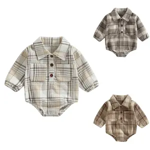 Infant Baby Boy Plaid Shirt Romper Flannel Long Sleeve Oversized Buttons Lapel Onesie Bodysuit Infant Fall Winter Clothes