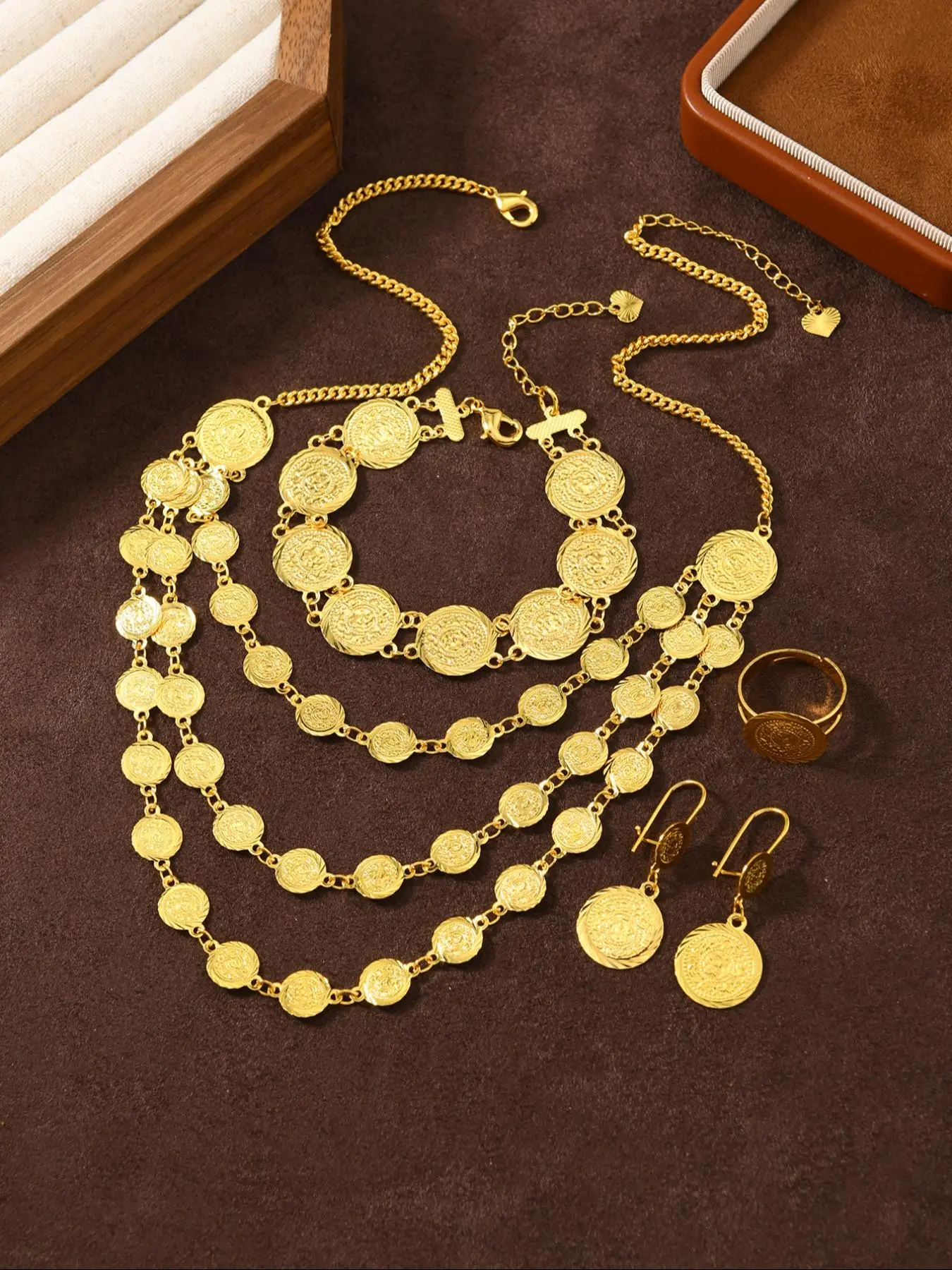Women's Elegant Coin Design Chain Jewelry Set, Vintage Pendant Necklace & Dangle Earrings & Bracelet & Ring, Fashion Jewelry for Party, Trendy All-match & Exquisite Jewelry for Birthday Gift