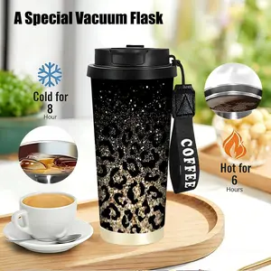 1 18oz stainless steel vacuum flask with lid and handle-double-layer vacuum insulated cup, black leopard pattern leak-proof travel cup, compatible with coffee cups, 316 stainless steel material, durable, suitable for outdoor,  insulated coffee cup，