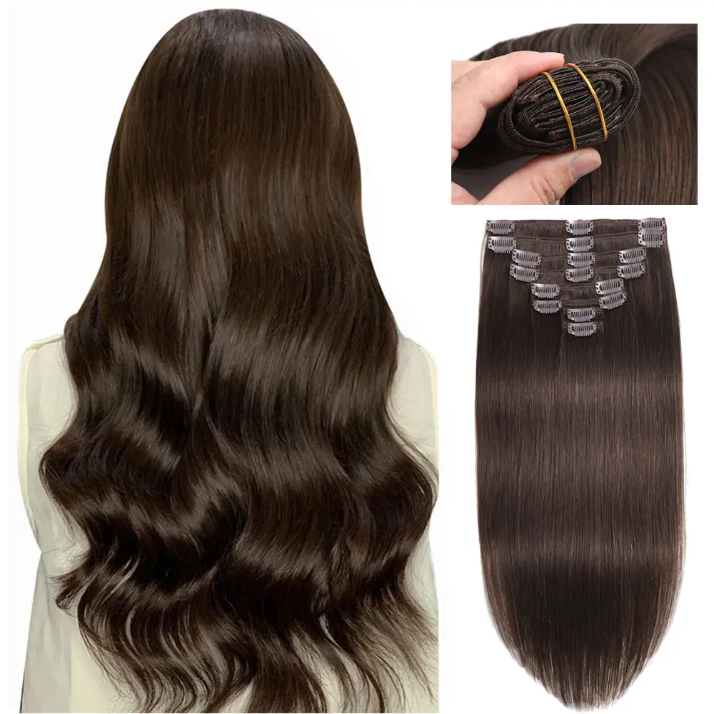 Female Straight 100% Brazilian Remy Human Hair Clip-in Extensions, 18 Inch #2 Darkest Brown, 8 Pcs/Set with 18 Maintainable Clips, Double Weft Functional Design for Quick Installation & Evening Thickening Needs