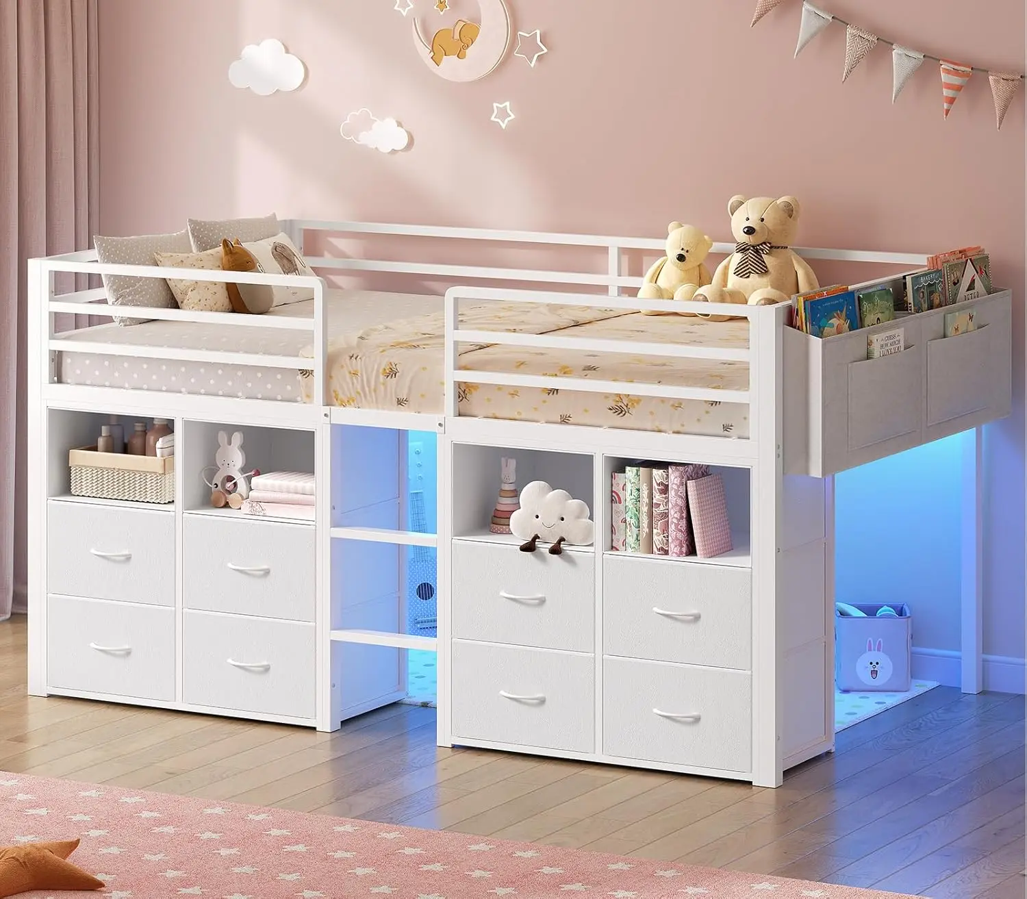 SIKAIC Twin Low Loft Bed with 8 Storage Drawers, Metal Loft Bed Frame with LED Lights & Bookcase, White