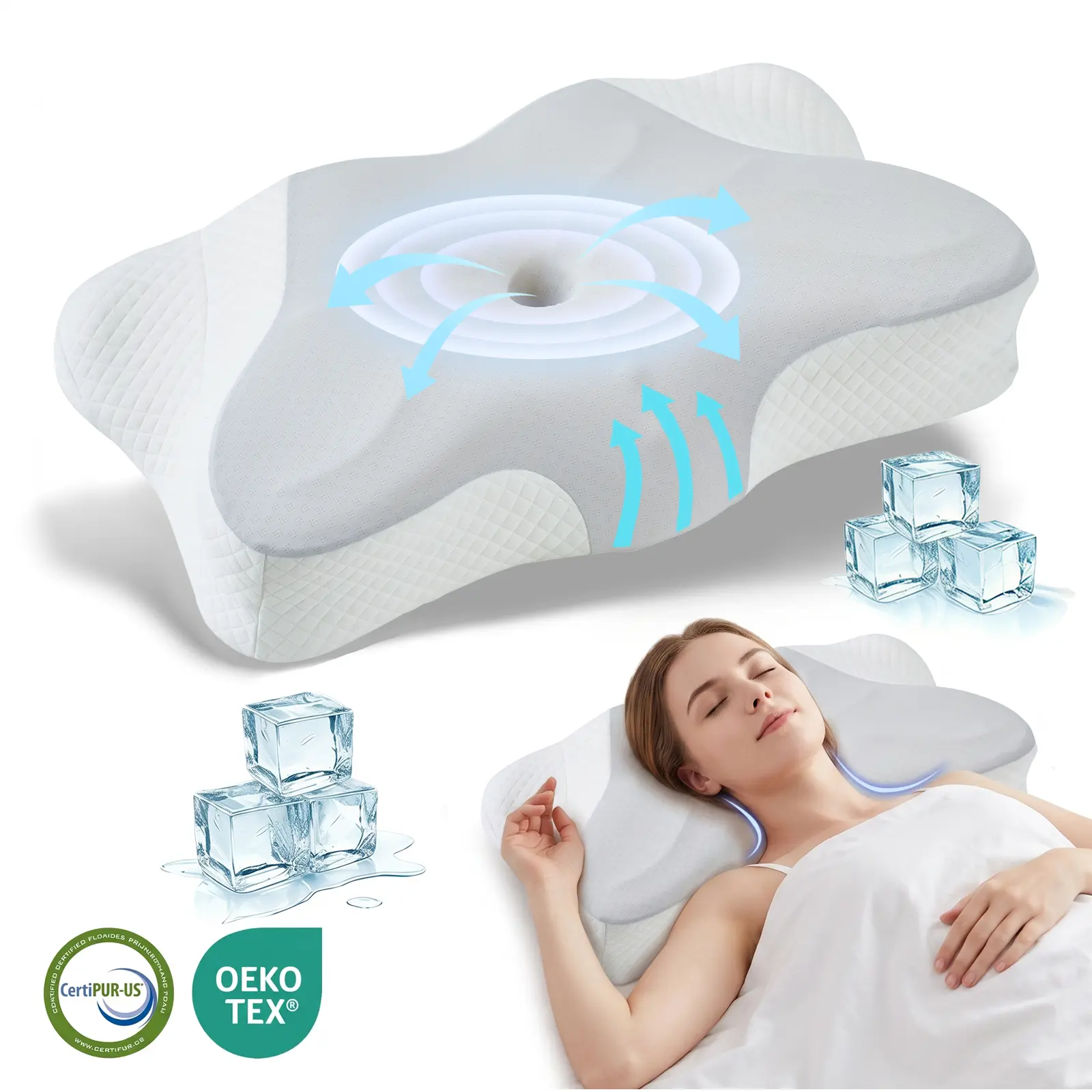 VIZIM Infinity Cervical Neck Pillow for Sleeping, CertiPUR-US Memory Foam, OEKO-TEX Cooling Bedding Cover, 4-Zone 4-5In Adjustable Height Orthopedic Cushion for Neck Care, Posture Fix, Shoulder Pain Relief (Side & Back Sleepers), Memory Foam Cushioning, I