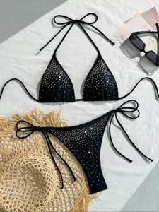 High Elasticity Fabric Rhinestone Bikini Set, High Stretch Bikini, High Waist Thong Bottoms, Two-Piece Swimsuit, Perfect for Beach and Pool, Upgrade Your Swimwear Experience