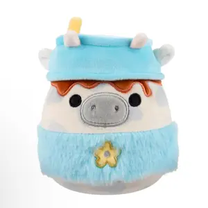 Squishmallows 2025 Easter 8” Mustafa the Grey and White Spotted Cow Latte with Blue Fuzzy Sleeve Stuffed Plush
