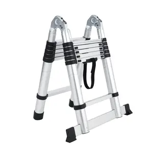 Aluminium Telescopic Ladder 12.5 ft Telescoping Extension Ladder A Frame Collapsible Ladder w/ Non-Slip Feet & Stabilizers for Roofing Painting Outdoor Work, Silver