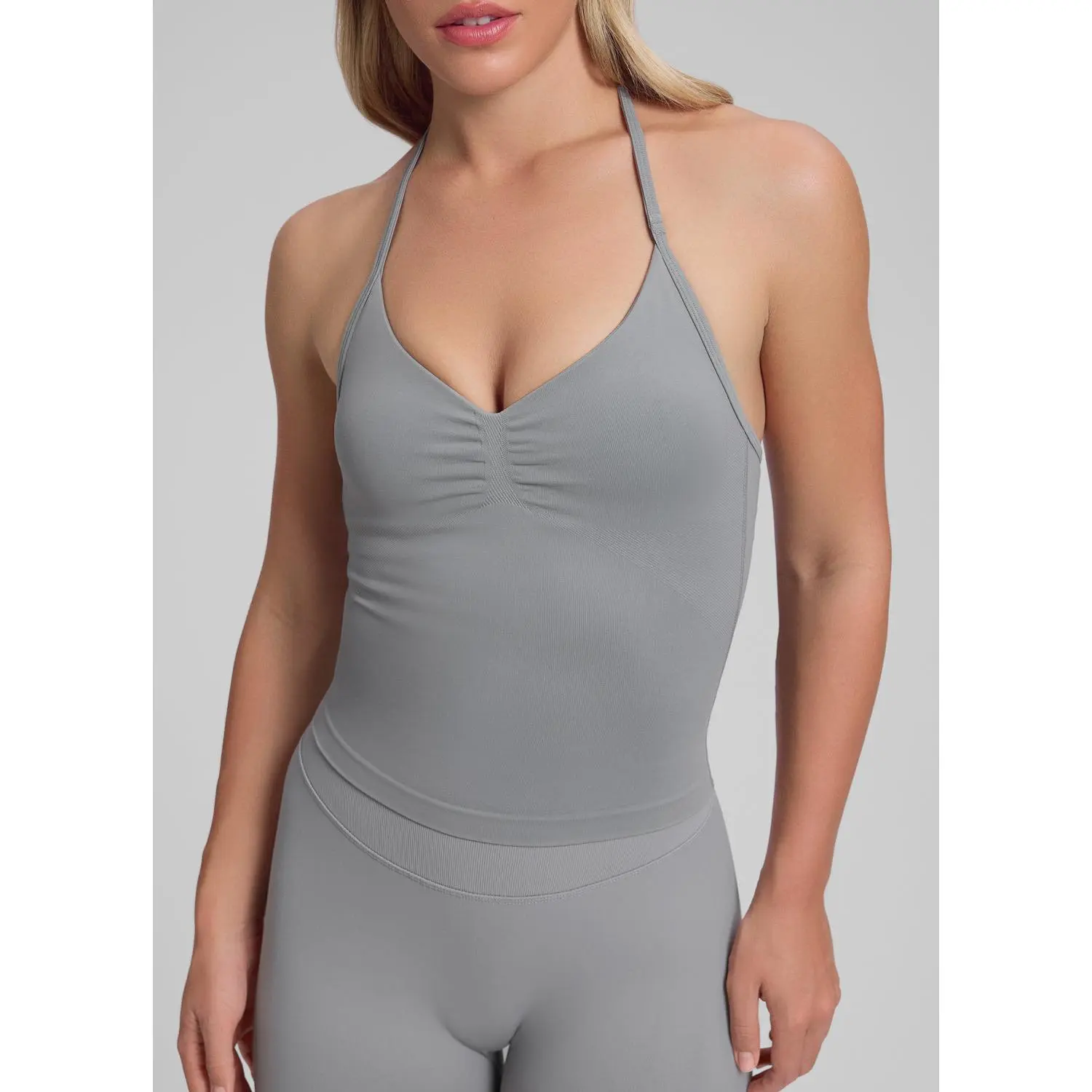 Women's Ultrasculpt Sleeveless Longline Halterneck Tank Top - Smooth, Soft, Comfy Twill Knit, Built-in Bra, Slim-Fitting, Strappy, Basic, Casual, Underbust Seam, Slight Stretch, Solid, for Lifting Days (Women's Tanks & Camis)
