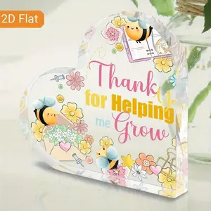 2D Flat, 1pc Acrylic Heart Shaped Decorative Ornament with Floral Bee Design Thank You for Helping Me Grow Message Teacher Appreciation, Graduation, Mother’s Day Gift Desktop Decor for Home, Classroom, Office, Gratitude Expression