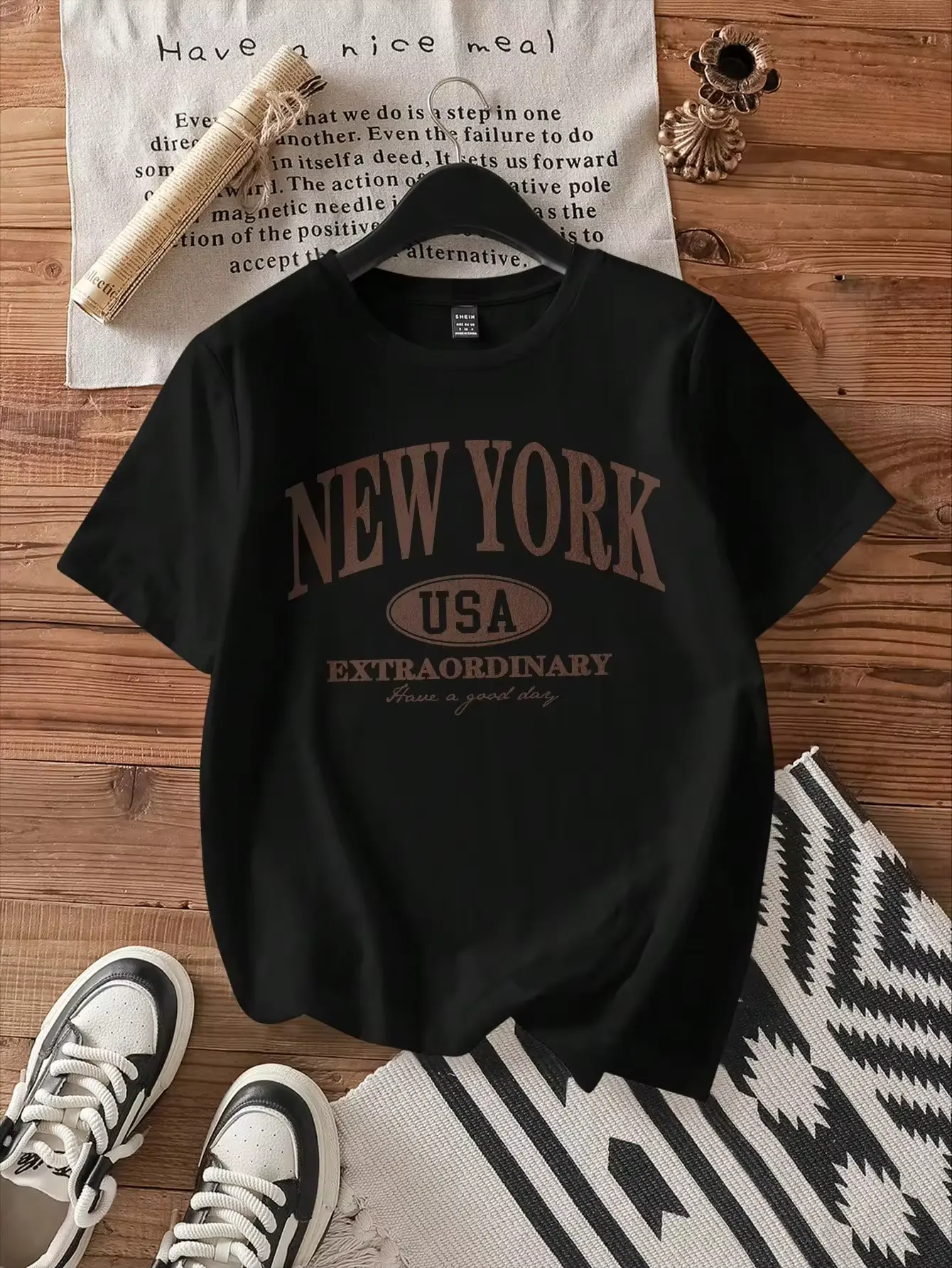 SHEIN EZwear Women's Cotton Blend Fitted Crew Neck Shortsleeve T-Shirt - Smart Casual, Sporty Denim Style, New York Letter Pattern, Back To School & Summer Wear, Light, Athletic