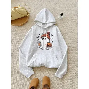Women's  Cartoon Ghost Print Drop Shoulder Long Sleeve Hoodie, Fashion Casual Drawstring Pocket Hooded Sweatshirt for Daily Holiday Outdoor Wear, Women Clothing for Fall & Winter, Halloween