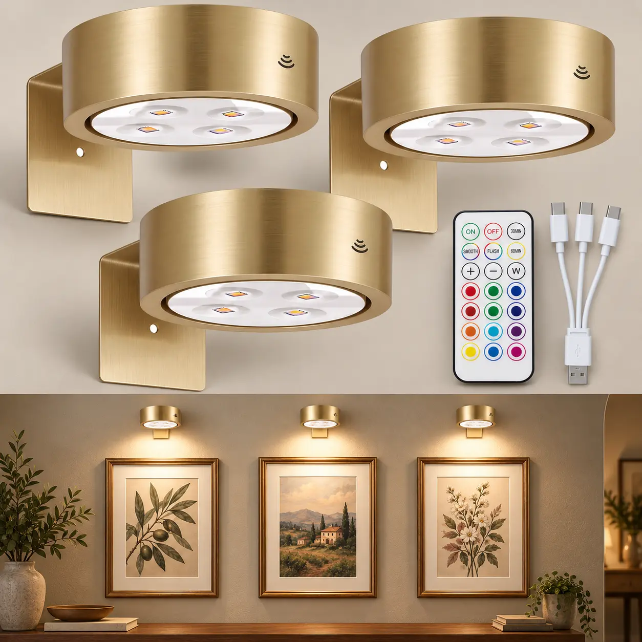 3-Pack Rechargeable Magnetic Install Wall Picture Lights, USB-C Charge Wireless LED Spotlight Pack with Remote, Poster Lights, Gold Picture Lights for Wall Battery Operated, RGB Color Changing Puck Lamp for Painting Photo Frame Gallery Decor