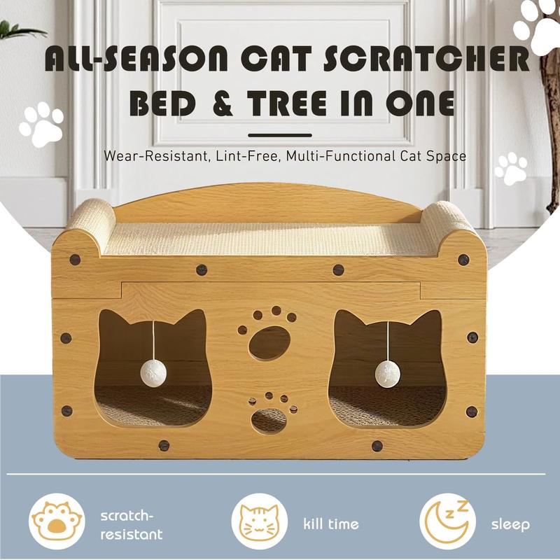 Durable Multi-Functional Cat House Box with Scratching Bed, 3-In-1 Play House With Hideout Caves and Hanging Ball Toys for Cat/Kitty
