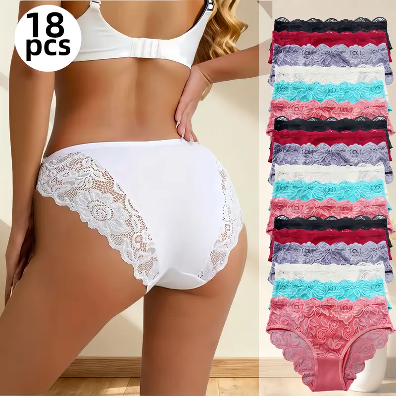 Hi   18pcs mid-waisted lace floral briefs: skin-friendly comfy, 3D tailoring highlights curves. Lace leg trim (soft, non-abrasive),breathable crotch. For running/yoga/fitness; women’s wear(minimalist, brides). Womenswear Panties Bridal underwear for women