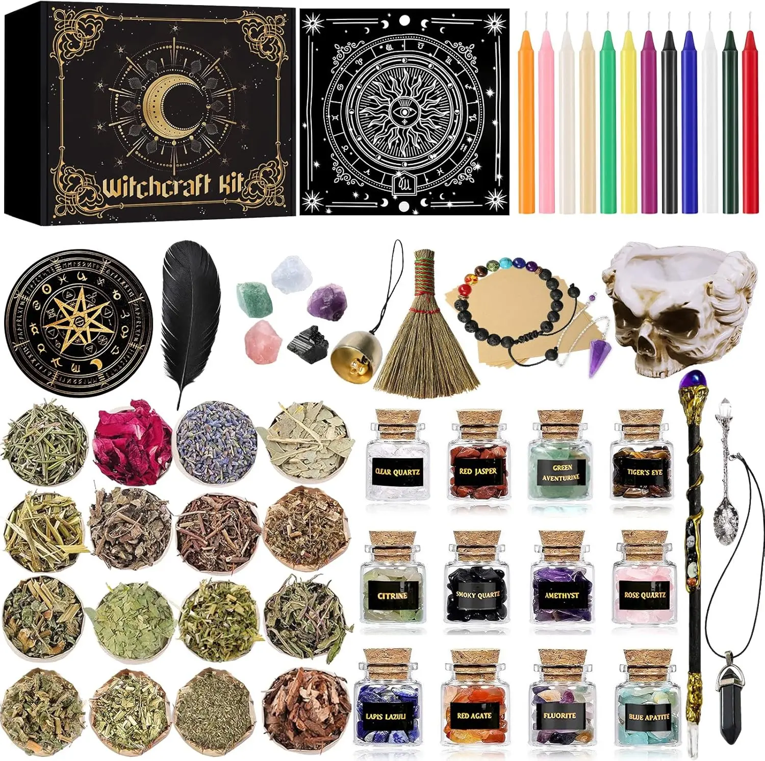 Rileryan 69 PCS Witchcraft Miniature Set - Wiccan Altar Supplies, Altar Decor, Spell Tools, Mini Crystals, Witch Candles, Female Halloween Fashion Costume Accessory Gift