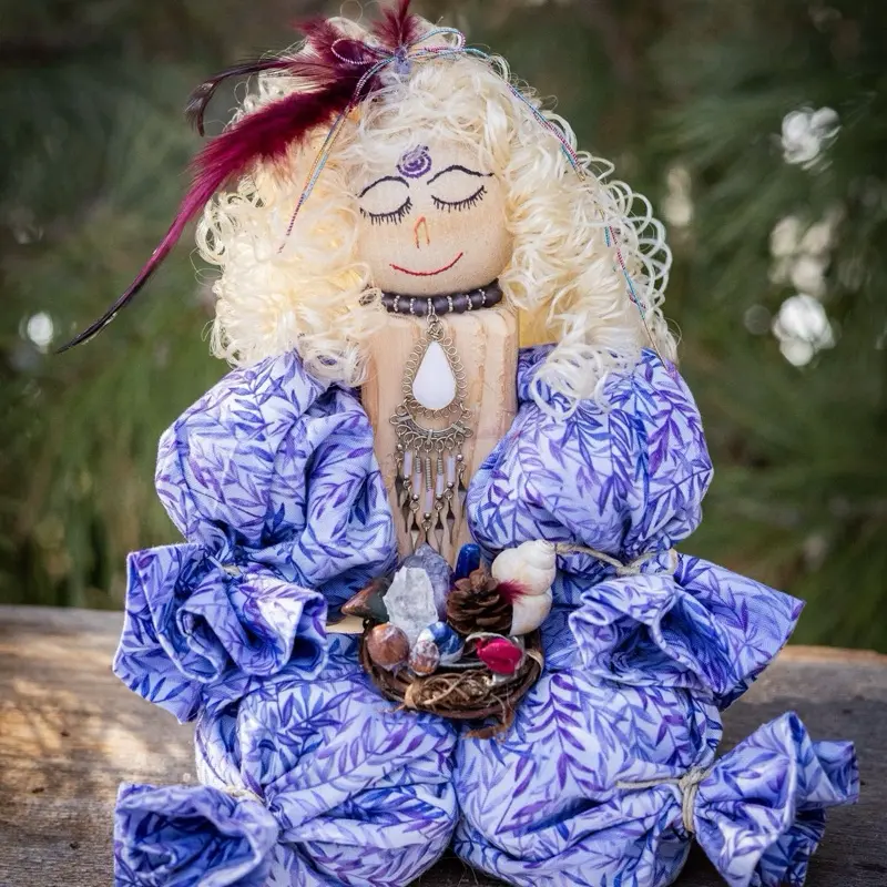 Aromatherapy Meditation Herb Doll with herbs, oils stones, feathers, and colors created to help you get to that right state of mind to mentally transport yourself elsewhere allow your mind to unwind and become more tune to your spiritual side