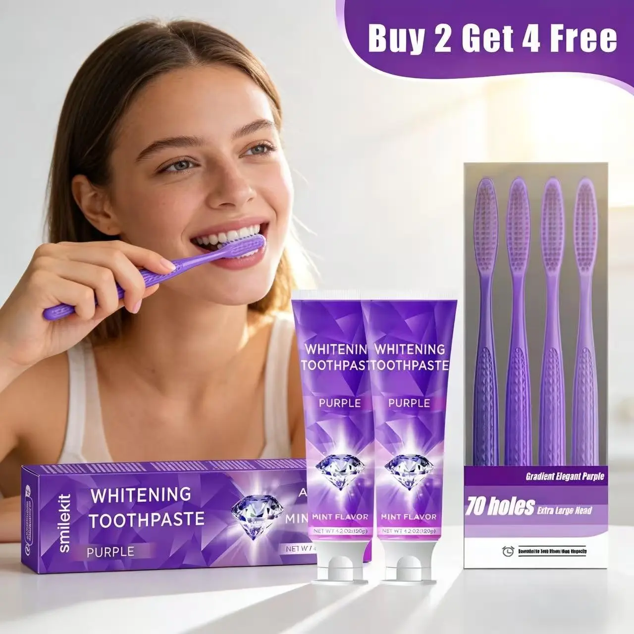 2-Pack 120g Whitening Oral Brightening Toothpaste, Includes 4 Gradient Color Toothbrushes, Mint Flavor, Deep Cleaning, Fresh Breath, Home Use