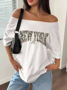 Women's Plain Off Shoulder Tee, Casual Fashion Camo Print Curved Hem T-shirt for Summer, Women's Top for Daily Wear