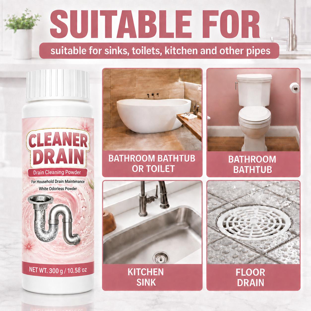 Drain Cleaner Powder 300g, White Powder Drain Unblocker for Kitchen Sink, Bathroom Drain, Shower Drain and Utility Pipes, Helps Break Down Hair, Soap Scum, Grease, Food Residue and Odors, Easy Home Drain Care