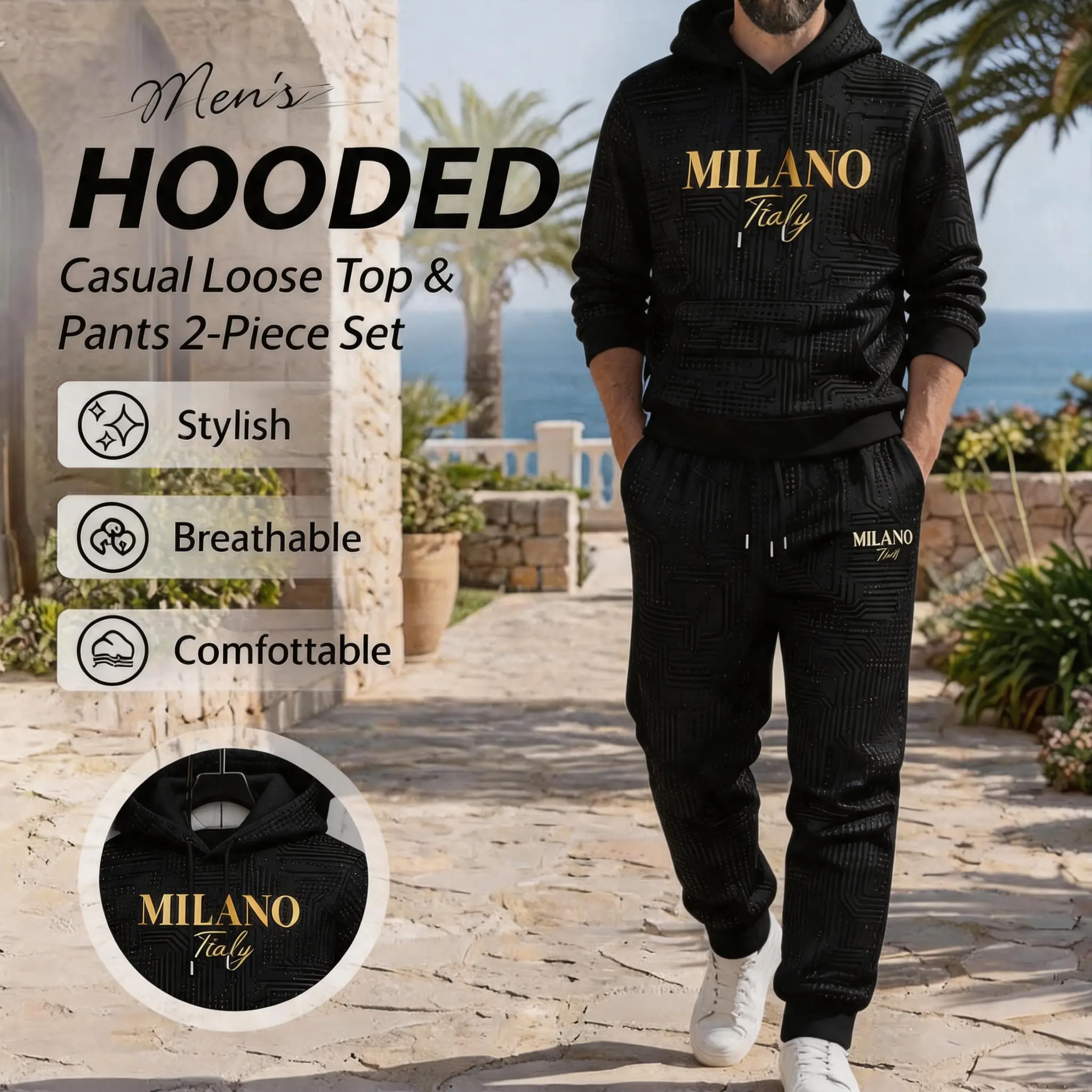 Men's 2 Piece Milano Italy Tracksuit Set Hooded Sweatshirt & Jogger Pants Black Geometric Gold Print Casual Streetwear Sweatsuit