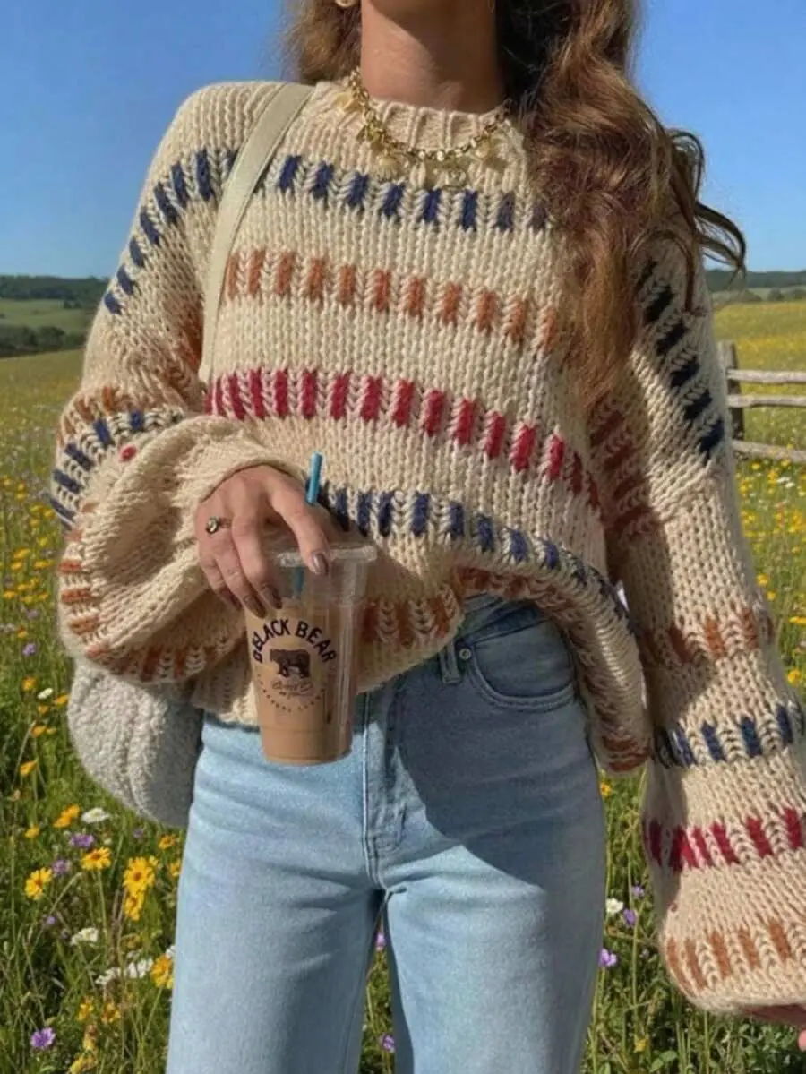 Women Spring Fall Multi Color Contrast Stripe Chunky Knit Sweater Crewneck Oversized Farm Casual Pullover|Long Sleeves Top For Women|Graphic Tee Women