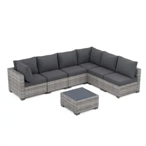 7-Piece All-Weather Modular Outdoor Patio Furniture Set, PE Rattan Wicker Sectional Sofa with Washable Cushions, Tempered Glass Table for Backyard, Poolside, Patio Furniture Sets, Outdoor Furniture Sets