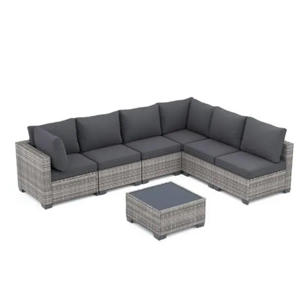 7-Piece All-Weather Modular Outdoor Patio Furniture Set, PE Rattan Wicker Sectional Sofa with Washable Cushions, Tempered Glass Table for Backyard, Poolside, Patio Furniture Sets, Outdoor Furniture Sets
