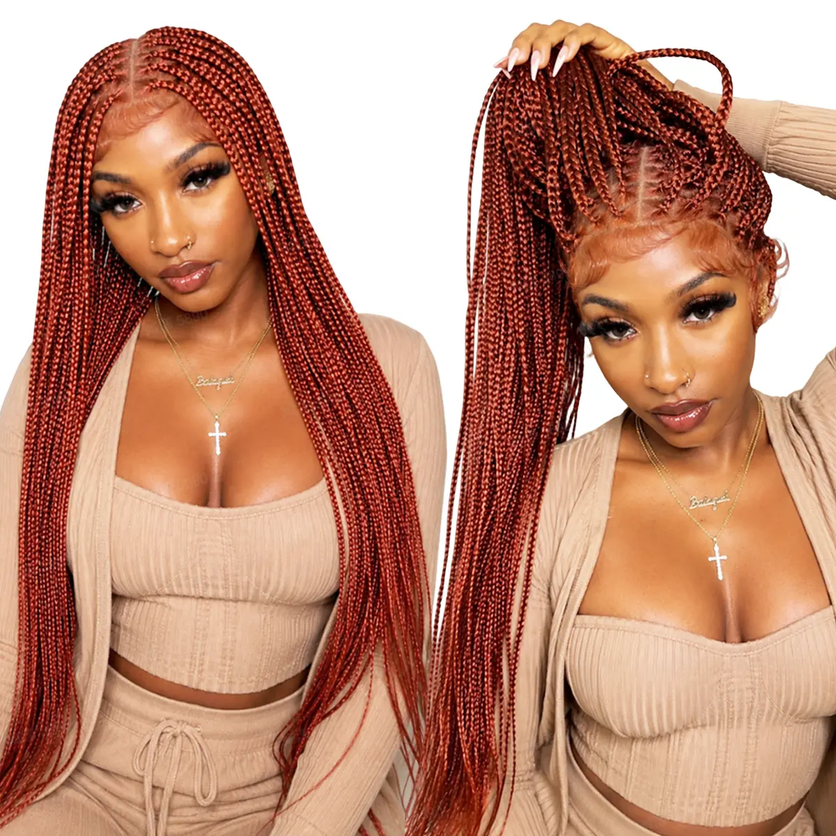 36" #350 Cowboy Copper Knotless Braids Full Lace Premium Synthetic Fiber Box Braided Wig - Protective Style, Natural Looking, Comfort Fit, DIY All Boho Style