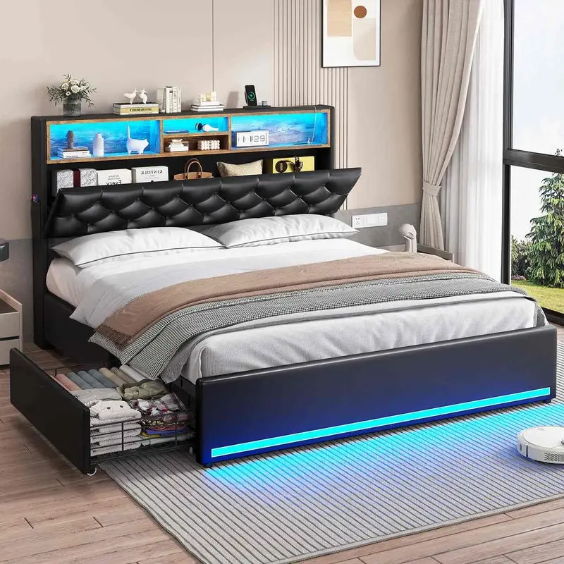 Sikaic Upholstered Platform Bed Frame with LED Lights & Charging Station Hidden Storage Headboard and 4 Drawers PU Black Modern Unique Furniture