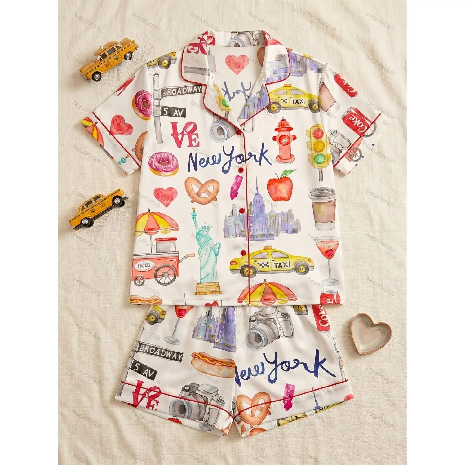 2-Piece Women’s Premium Satin Pajama Set, New York City Watercolor Skyline Print, Short-Sleeve Button-Up Lapel Top and Shorts, Vibrant Comfortable Loungewear for Sleep, Parties, Vacations, and All-Season Gifting