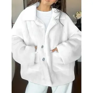 White Winter Coat with Plush Collar & Jacket Hem - Full-Zip Outerwear, Machine Washable Cold-Weather Jacket, Pockets, Casual to Formal Wear (No- Design) for Fall/Winter - Coat Only