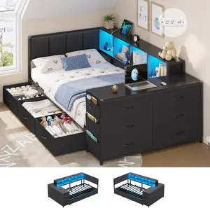 Hasuit Corner Bed with 9 Drawers and Storage Bookcase, Twin Day Bed with Charging Station and LED Lights, Desk, Upholstered Headboard, Modern Platform Bed Frame forTeens