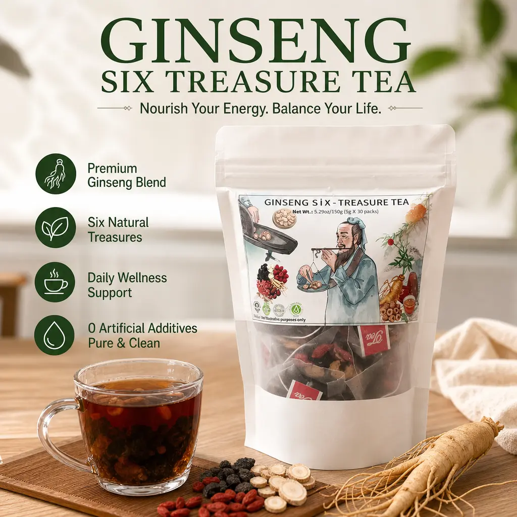 6-Treasure Ginseng Herbal Tea Bags (30-Pack) for Adults, Sugar-Free Caffeine-Free Natural Energy Support Supplement with Goji Berries, Red Dates, Liver Detox, Kidney Support, 0 Artificial Additives for Morning Routines red date wolfberry