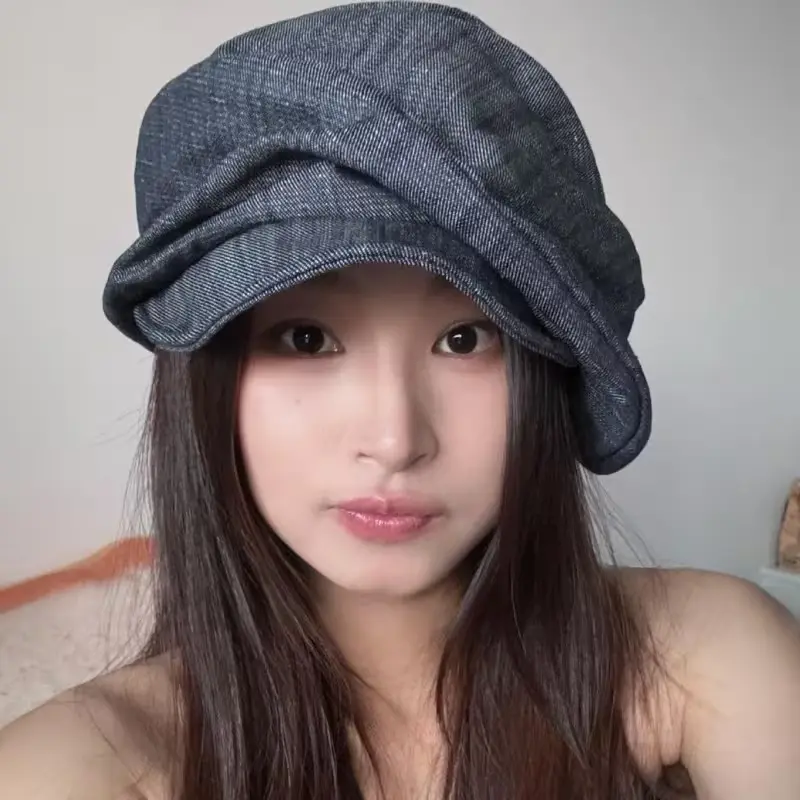 Japanese-style niche retro pleated hemp beret for women, large head size makes face look smaller, octagonal hat, painter's hat.