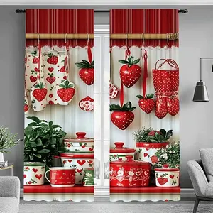 Pack of 2, Valentine's Day Kitchen Curtains - 100% Polyester Translucent Rod Curtains, Heart Strawberry Print, Modern Style, Suitable for Bedroom, Living Room, Kitchen Home Decor, Vivid Design, Suitable for Christmas Theme Decor, Home Decoration Curtain